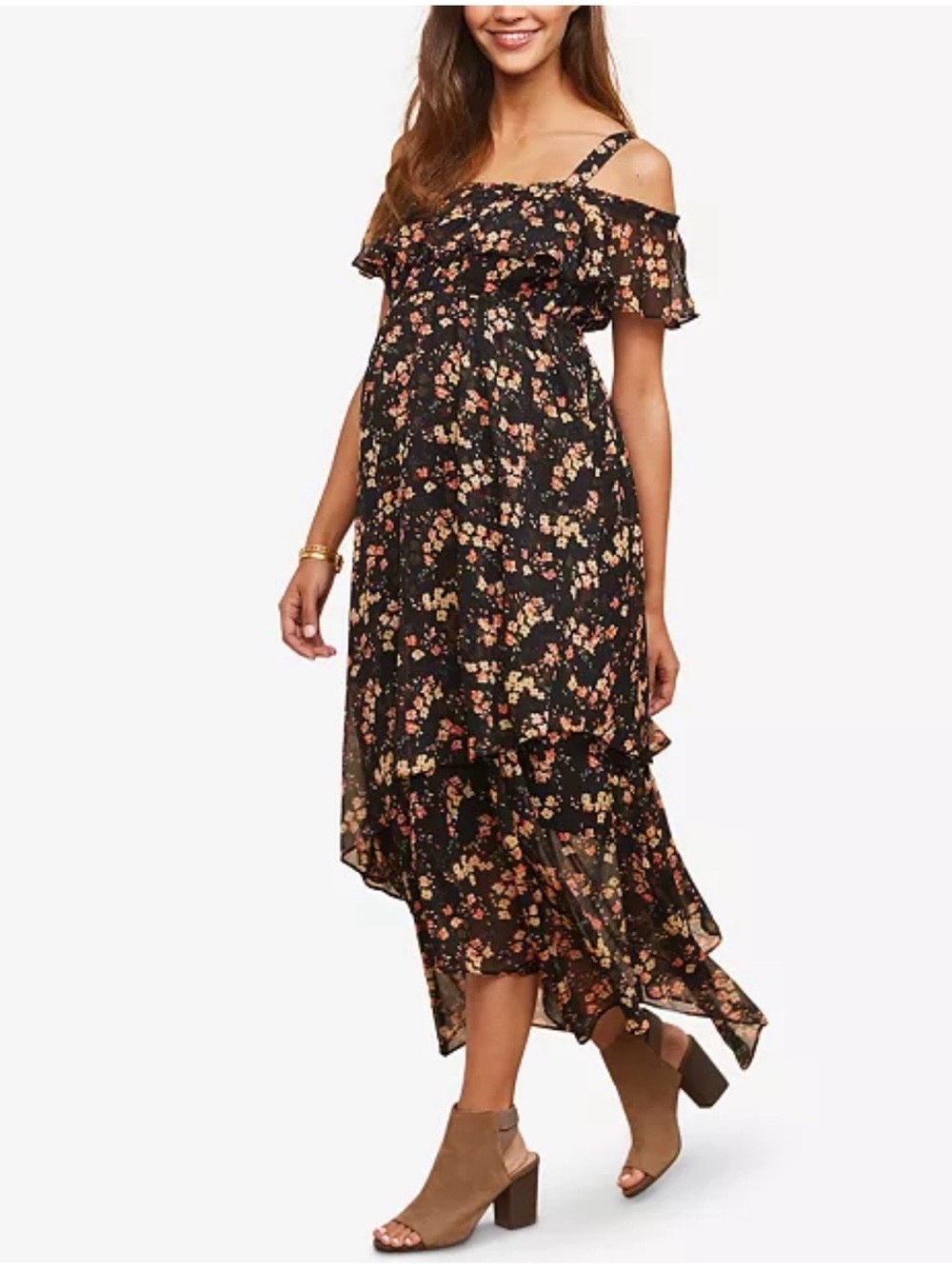 Motherhood Maternity Black Floral Maxi Dress with Peach and Cream Blooms